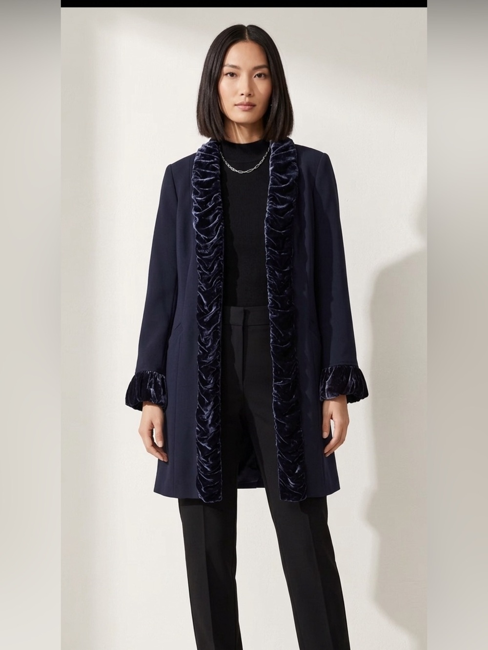 INC International Concepts Black Dress Coat with Blue Crushed Velvet Trim Large